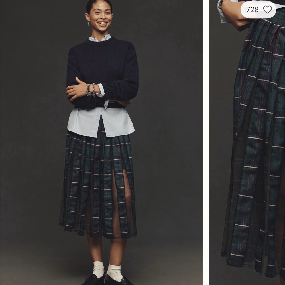 Maeve Anthrologie Navy and Green Plaid Midi Skirt sheer pleats Small